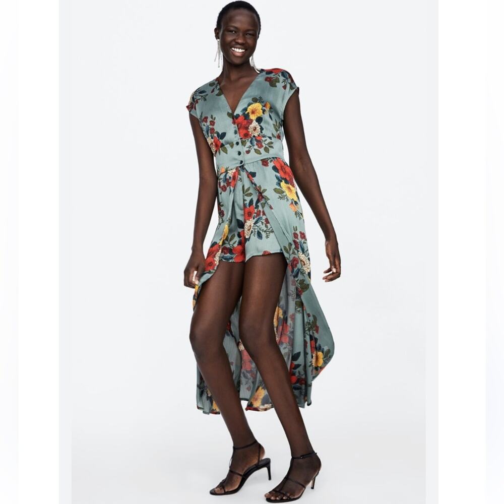 Zara Green Floral Satin Shorts Jumpsuit